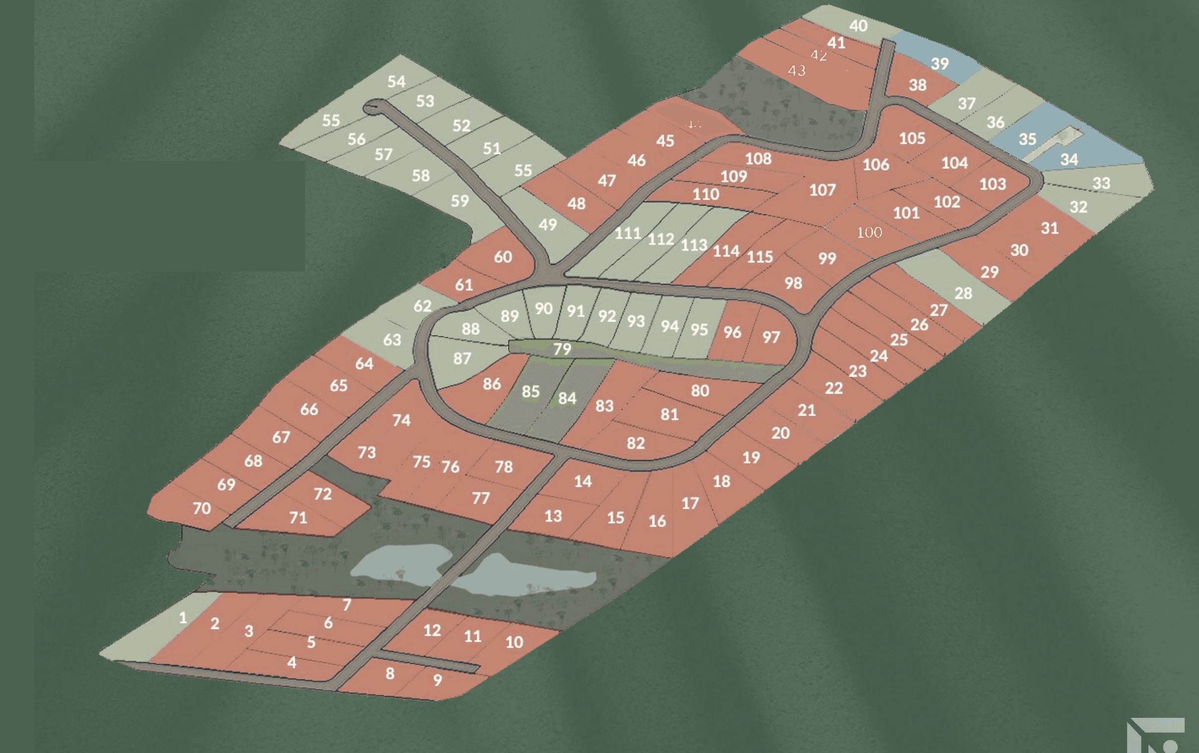 Masterplan de Cantera Real con los 4 lotes Friends & Family resaltados: 42, 43, 44 y 100